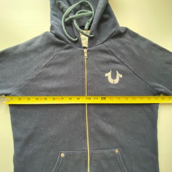 True Religion Y2K Branded Stencil Raglan Hoodie Navy Blue Bling Logo Size L - Picture 12 of 14